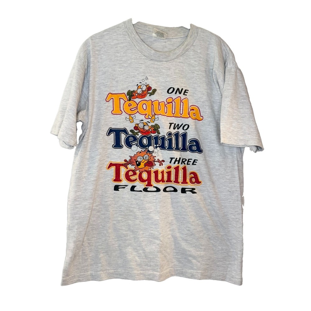 Tequila Funny One Two Floor Vintage T Shirt Y2K Cancun Bar Drinking Alcohol L